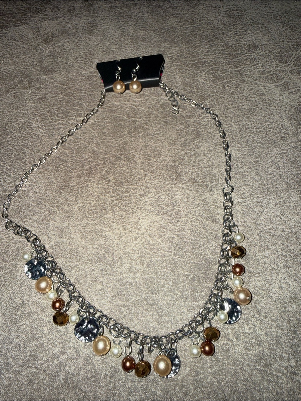 Silver-Tone Pearl and Brown Bead Charm Necklace